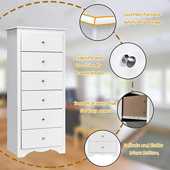 6 Drawers Dresser, 53.5" Tall Chest, Standing Storage Cabinet with Metal Knobs, Wooden Chest of Drawers for Closet, Bedroom, Living Room, Hallway (White)