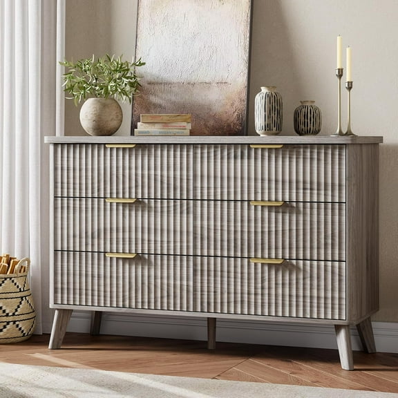 6 Drawers Dresser for Bedroom, 47.2" Wide Dressers with Curved Profile Design, Fluted Wood Drawers with Gold Handle, Modern Chest of Dressers with Thickened Design for Living Room, Grey