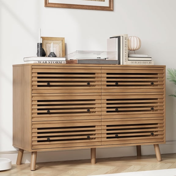 6 Drawers Dresser for Bedroom, 47'' Wide Mid Century Modern Fluted Dresser, Wood Chest of Drawers Organizer for Bedroom, Living Room, Hallway, Closet, Oak
