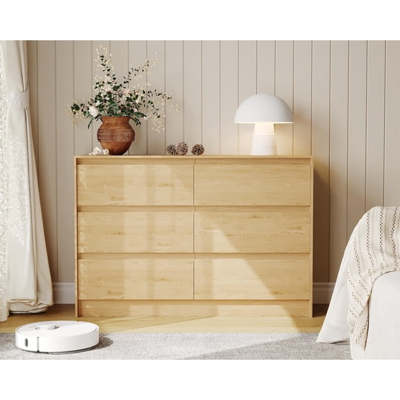 6 Drawers Dresser for Bedroom, 47" Wide Wood Dressers & Chests of Drawers with Handle-less Design Design, Wooden Storage Organizer Cabinet for Living Room/ Home