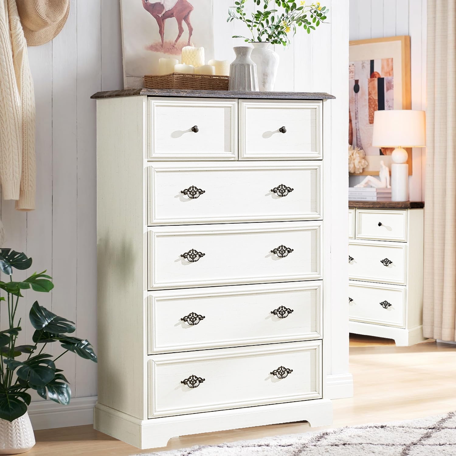 6 Drawers Dresser for Bedroom, 48" Tall Wood Rustic Chest of Drawers with Natural Texture ...
