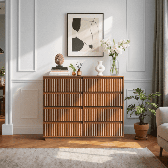UPGO 52'' Fluted Dresser for Living Room, Bedroom, Hallway, Entryway with Deep 8 drawers, Modern Wooden cabinet of Storage