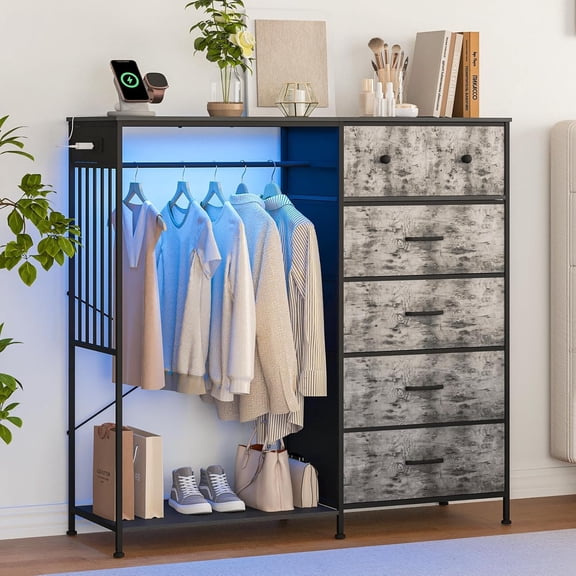 6 Drawers Dresser for Bedroom with Hanging Rack, LED Lights & Charging Station, Wooden Top Storage Chest of Drawers with Charging Station & LED Lights, Grid Panel, Closet
