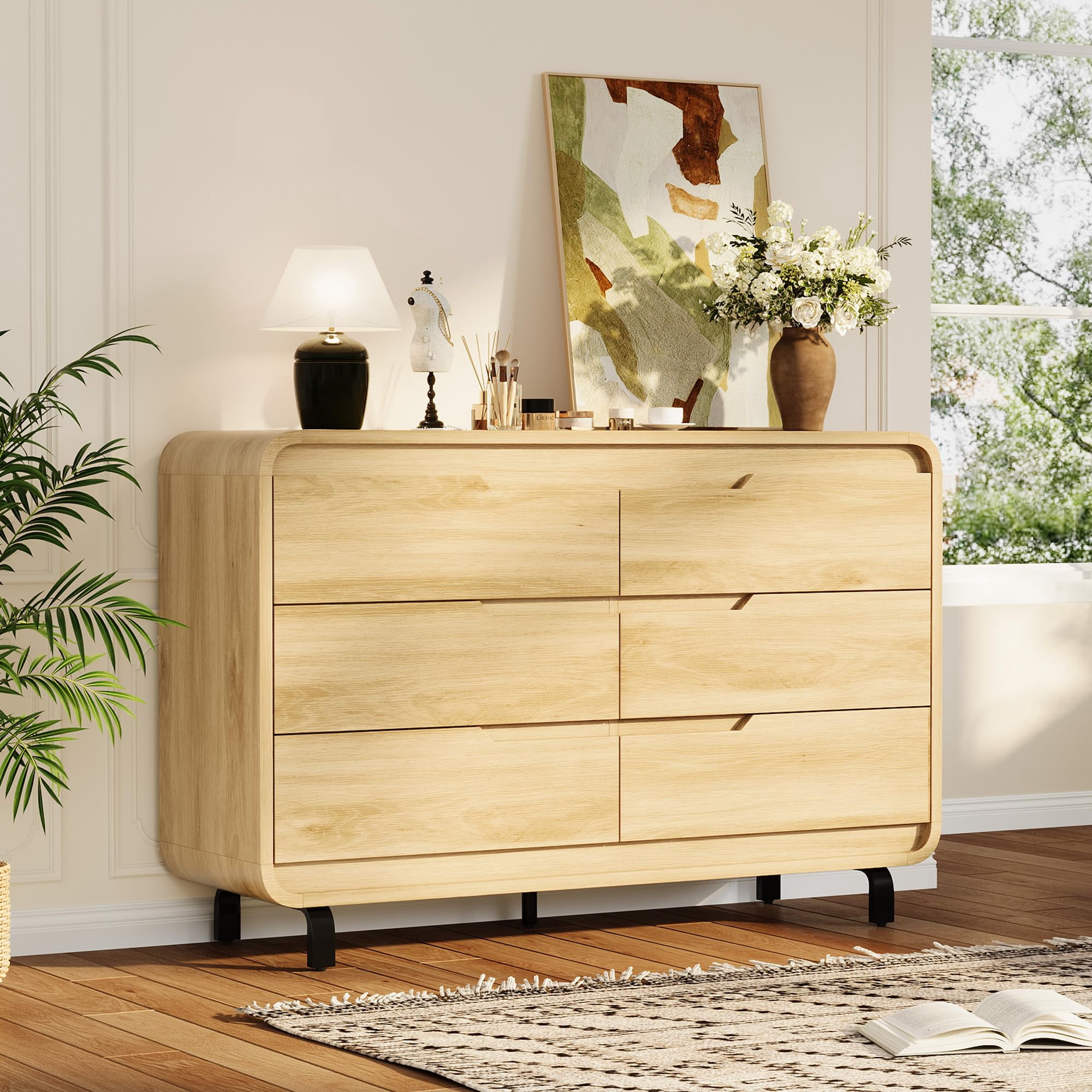 6 Drawers Dresser for Bedroom & Nursery, Modern Dresser with Safe Rounded Corners & Hidden Handles,Wooden Dresser Chest with Heavy Duty Anti-Tip Structure, Wide Storage Cabinet for Living Room