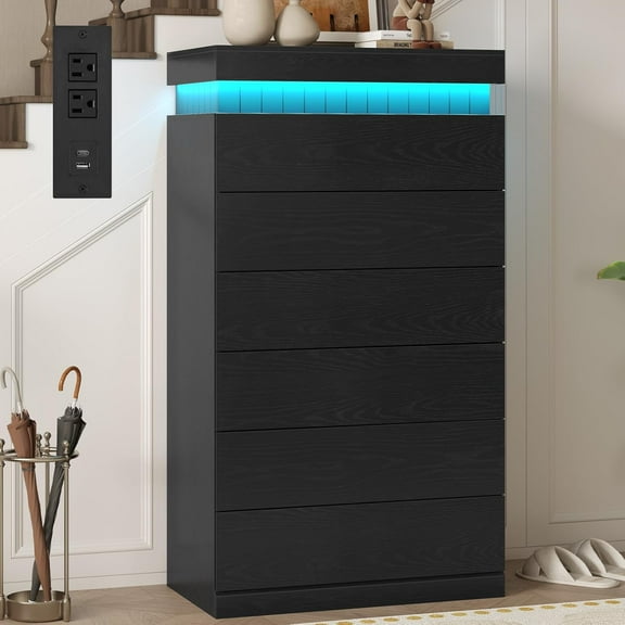 6 Drawers Dresser, Modern Floating Dressers with LED Light and Power Outlet, Chest of Drawer for Living Room, Hallway, Entryway, Black