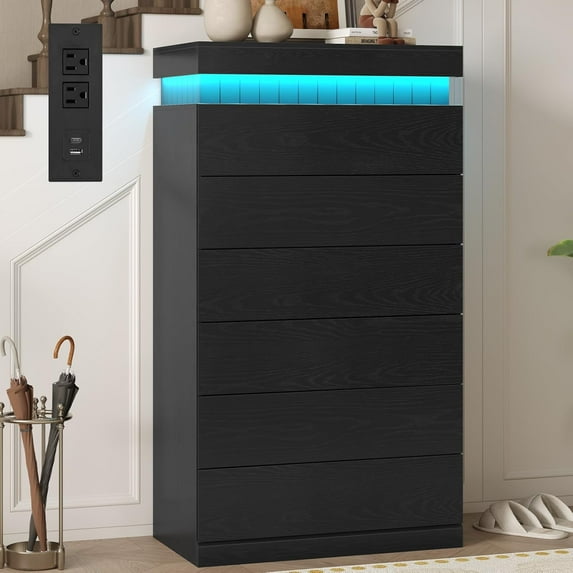 6 Drawers Dresser, Modern Floating Dressers with LED Light and Power Outlet, Chest of Drawer for Living Room, Hallway, Entryway, Black