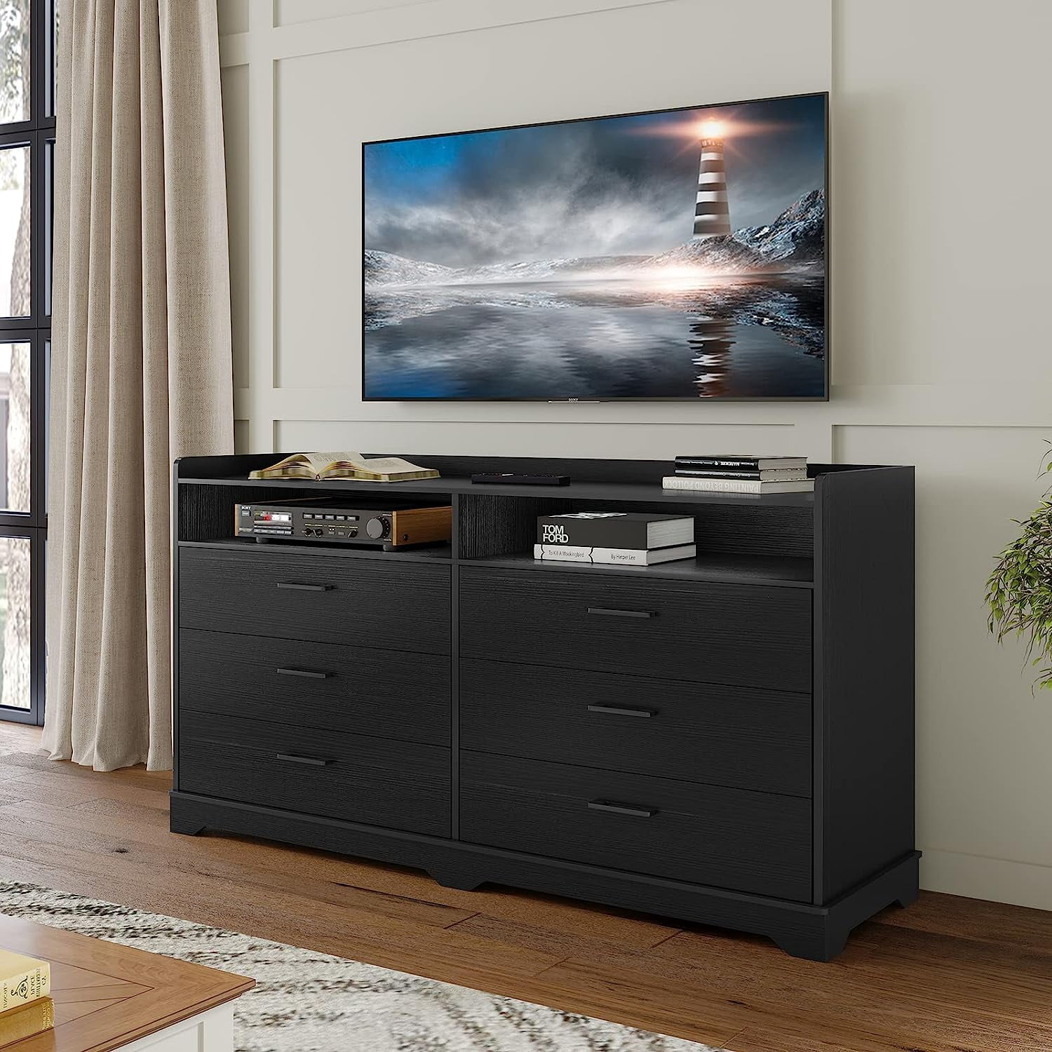 6 Drawers Dresser Modern Storage Tower Dressers & Chests of Drawers and Open Cubby Large