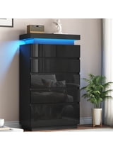 6 Drawers Dresser, Modern Tall Dresser for Closet with Adjustable LED Lights, High Gloss Chests of Drawers, Wood Storage Cabinet for Bedroom, Entryway, Living Room, Dressing Room, Black