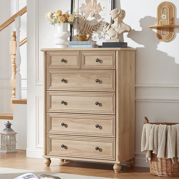 6 Drawers Dresser, Modern Tall Dresser for Closet, High Gloss Chests of Drawers, Natural Wood Storage Cabinet for Entryway, Living Room,Dressing Room