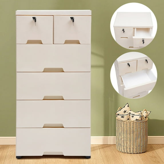 TOOL1SHOoo Modern Closet Drawer with Lock Plastic Drawer Dresser Cabinet Organizer with Wheels for Clothes Toys Storage White