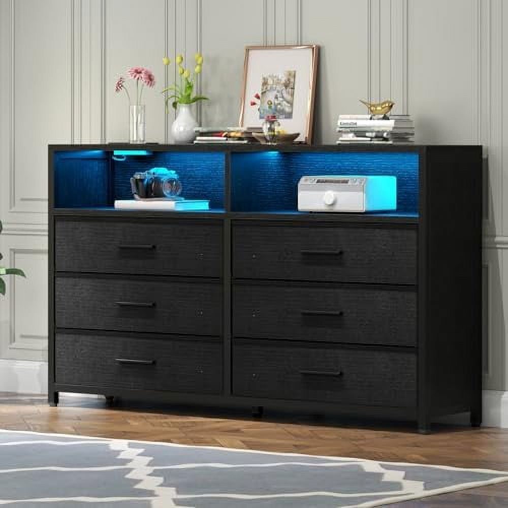 6 Drawers Dresser with Power Outlets and LED Lights, Black Dresser with ...