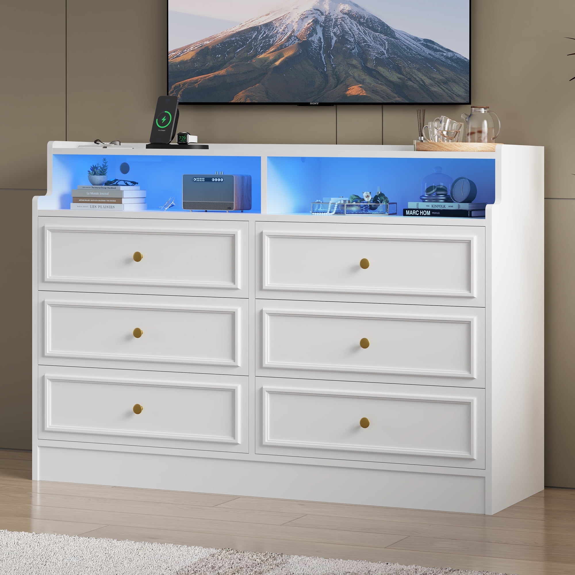 White Mid-Century Modern 6-Drawer Dresser with LED Lights and Charging Station