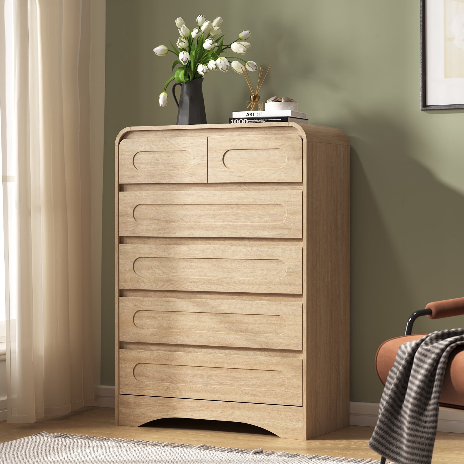 6 Drawers Dresser for Bedroom, 44" Tall Dressers & Chest of Drawers for Living Room, Natural Oak