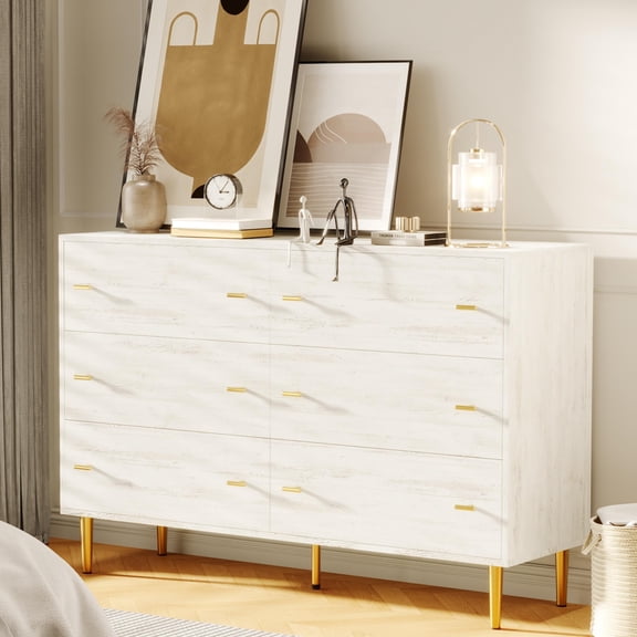 6 Drawers Dresser for Bedroom, 47.2" Wide Solid Pine Wood with Bar Handles, Wooden Double Dressers with Six Large Drawers for Living Room, Hallway