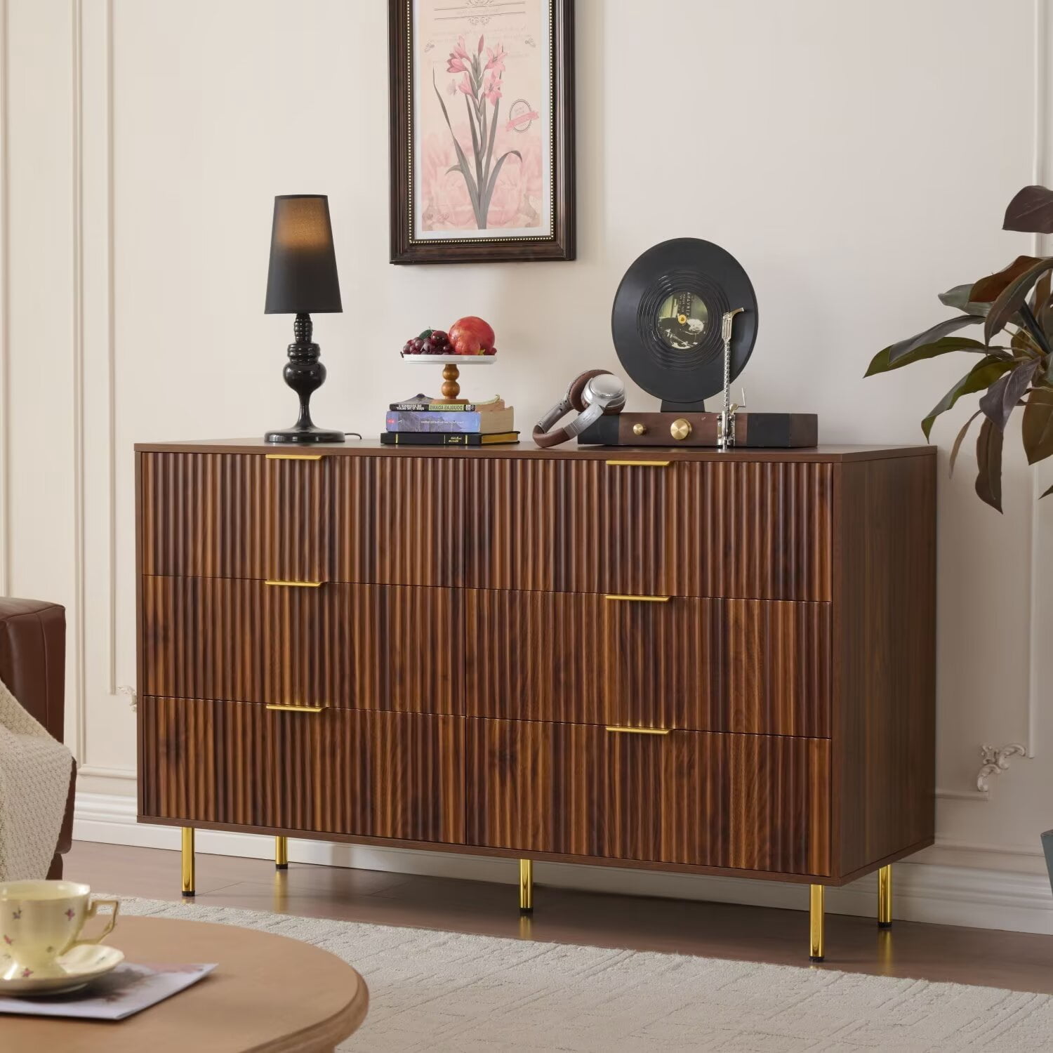 6 Drawers Dresser for Bedroom Closet, Mid Century Modern 56" Wide Chest of Drawers,Dark Walnut