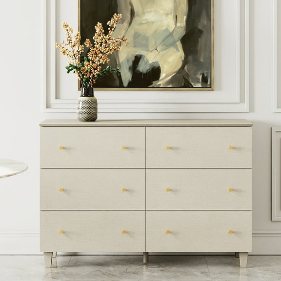 6 Drawers Dresser for Bedroom, Modern Wide Double Dressers with Chest of Drawers, Wood Closet Organizer, Beige Faux Linen Finish