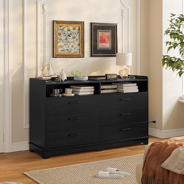 6 Drawers Dresser for Bedroom, Modern Wood Double Long Dressers Chests