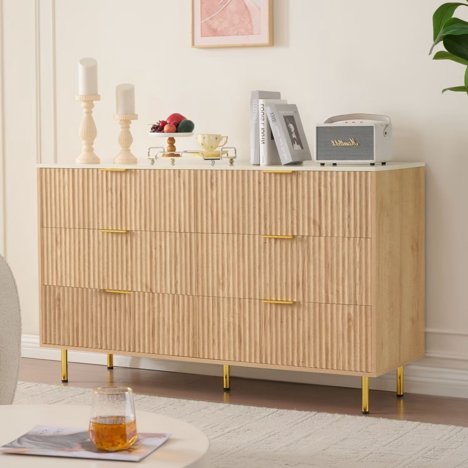 6 Drawers Dresser for Bedroom with Faux Marble Top, Fluted 56" Wide Chest of Drawers,Natural Oak