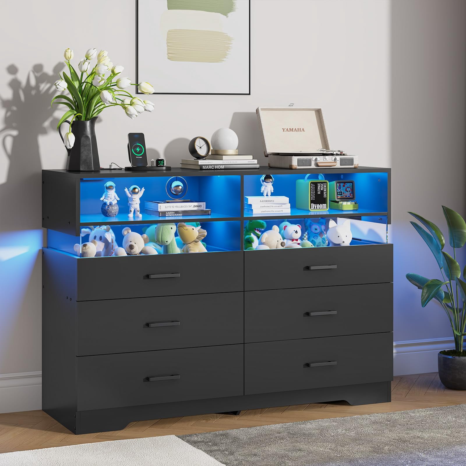 6 Drawers Dresser with LED Lights&Charging Station, Modern Double ...