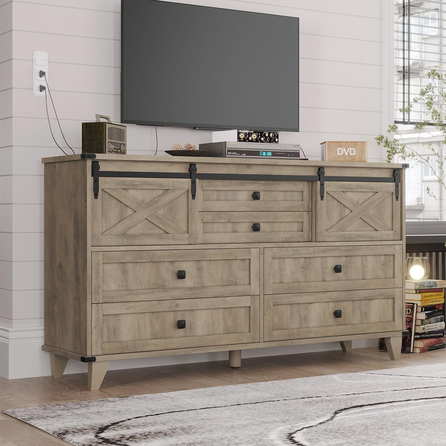 6 Drawers Dresser with Sliding Barn Door for Bedroom, Farmhouse Chest ...
