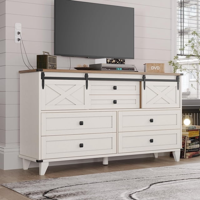 Farmhouse Rustic 6-Drawer Dresser with Sliding Barn Door, White Bedroom ...