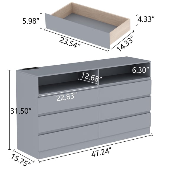 Sleek 6 Drawer Dresser with USB Charging Hub and Customizable LED Light Strips, Spacious Bedroom Furniture with Safety Anti-Tip, Grey