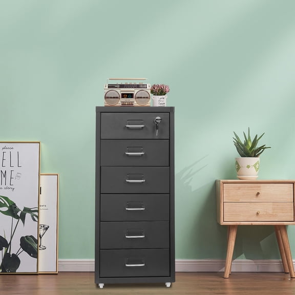 6 Drawers File Cabinet with Lock Rolling Mobile Filing Cabinet with Wheels Under Desk Vertical Filing Cabinet for Office/Home Metal Mobile Storage File Organizer for Home Office, 11*16*27in