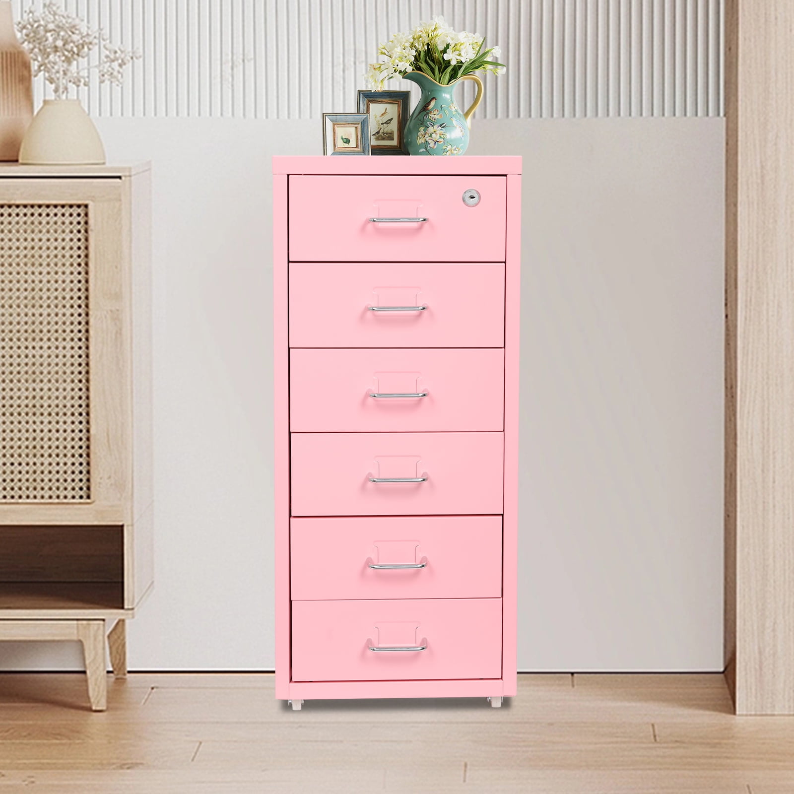 6 Drawers File Cabinet with Lock Rolling Mobile Filing Cabinet with Wheels Under Desk Vertical Filing Cabinet for Office/Home Metal Mobile Storage File Organizer for Home Office, 11*16*27in
