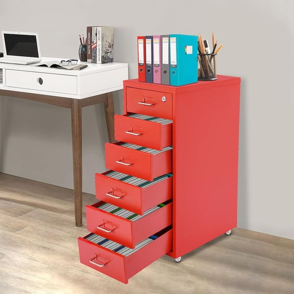 6 Drawers File Cabinet with Lock Rolling Mobile Filing Cabinet with Wheels Under Desk Vertical Filing Cabinet for Office/Home Metal Mobile Storage File Organizer for Home Office, 11*16*27in