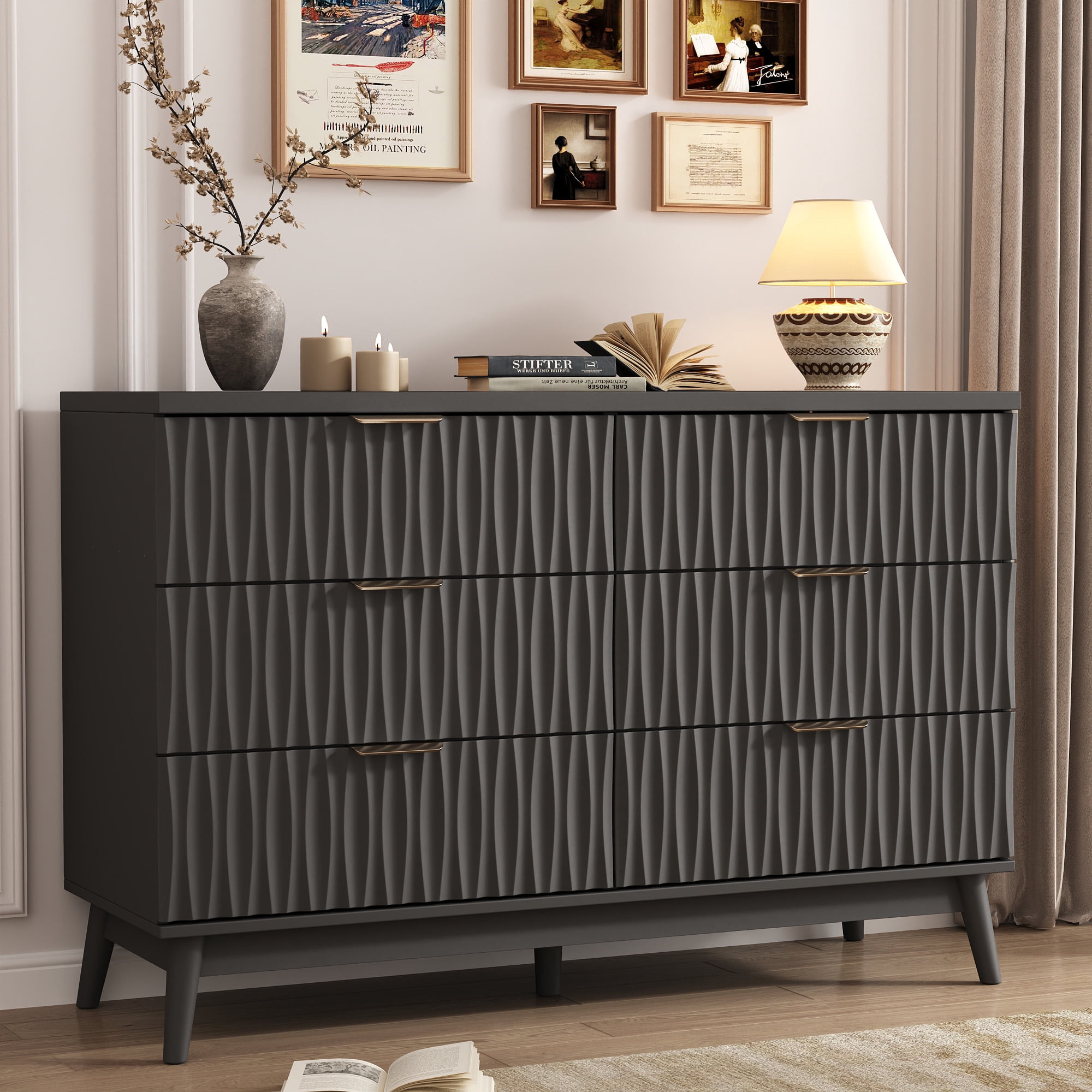 Fluted Dresser for Bedroom with 6 Drawers, 48" Wide Modern Chest of Drawers with Elegant Wave Design, Wooden Dresser TV Stand, Closet Clothes Storage Organizer for Living Room, Hallway