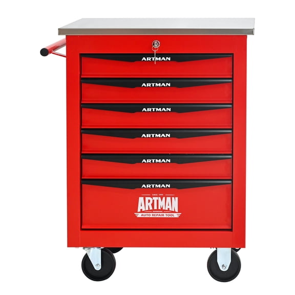 6 Drawers Multifunctional Tool Cart with Wheels, Heavy Duty Rolling Tool Storage Cabinet for Garage Workshop Warehouse, Red&Black Steel Construction with Stainless Steel Roof