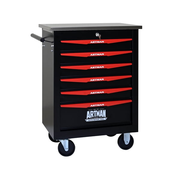 6 Drawers Multifunctional Tool Cart with Wheels,Metal Rolling Tool Cart Storage for Garage Workshop Warehouse Repair Shop--With Stainless Steel Roof- BLACK&RED