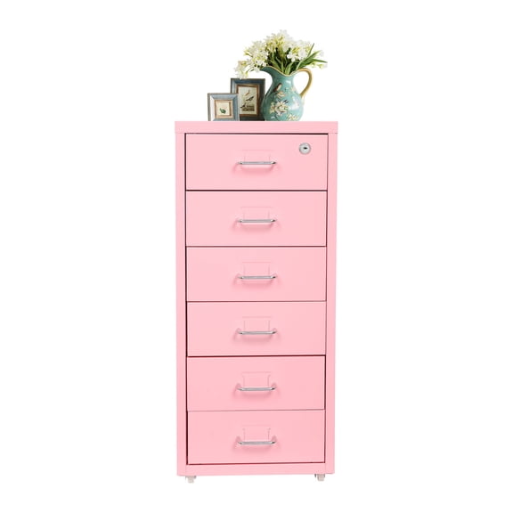 6 Drawers Pink Storage Cabinet with 4 Wheels - Cold-Rolled Steel Vertical Lockable File Cabinet - Bedside End Table Pink Drawer Night Stand