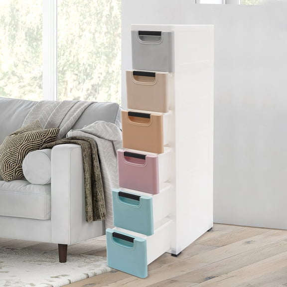 6 Drawers Plastic Storage Cabinet, Mobile Slim Utility Cart on Wheels, for Narrow Space Office Classroom Bedroom Bathroom (Multicolor)