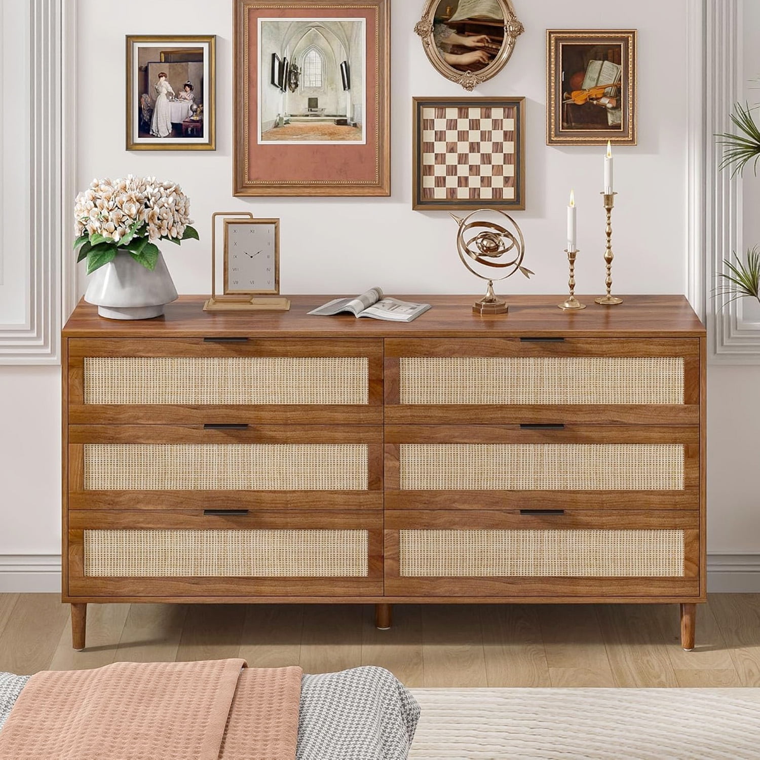 6 Drawers Rattan Dresser, Chest of Drawers for Bedroom, Wooden Storage ...