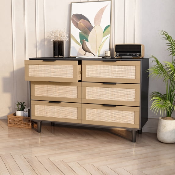 6 Drawers Rattan Dresser, Rattan Boho Drawer Chest for Bedroom, Living Room, Black