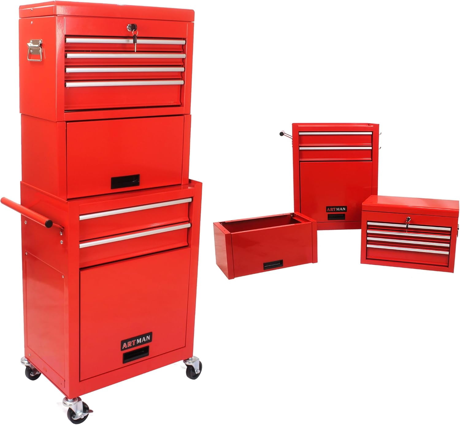 SGmory 8-Drawer Rolling Tool Chest - Lockable 2-in-1 Storage Cabinet With Wheels For Garage & Shop (Red)