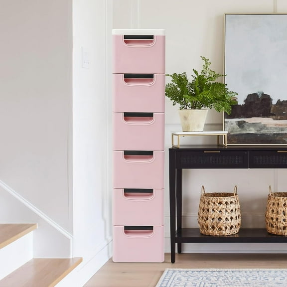 6 Drawers Storage Cabinets, Mobile Slim Utility Cart with 4 Universal Wheels 39.5" H Skinny Storage Tower Chest 77lbs Capacity Ideal for Bedroom Closet Living Room Small Spaces (Pink)