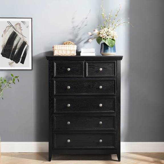 6 Drawers Storage Dresser For Living Room - Black. Spacious Drawers. Metal Handles. Stable Construction. 31.5"w X 15.31"d 44.3"h 6 Smooth Glide Drawers, Unique Feet Design Stability