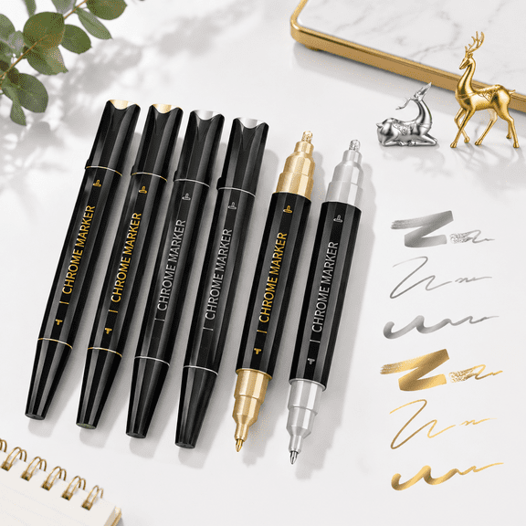 6 Dual Tip Liquid Mirror Chrome Markers, 3 + 3, Permanent Paint Pens
