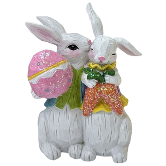 6" Easter Egg Radish Couple Bunnies Resin Figurines Cute Bunny Pair with Carrot Egg Home Decor Indoor Spring Table Centerpiece Holiday Shelf Mantel Decoration, 1Pcs A