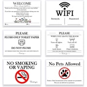 6 Essentials Air Bnb Vacation Rental Hosts, 4" 6" Laminated Signs Bundle for Hosts Guest, Welcome Book Wifi Password with Magnetic Attachment, Do Not Flush Turn Off No Pets No Smoking, House Rules