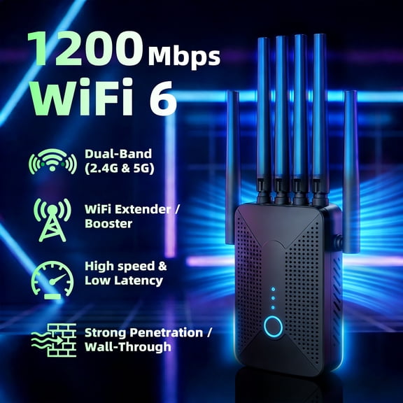 6 External Antennas Ourlife 2026 Dual Band WiFi Range Extender, AC1200 2.4GHz & 5GHz Signal Booster with Ethernet Port, Ventilated Cooling Design (Black).