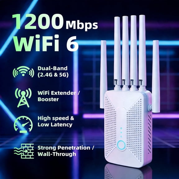 6 External Antennas Ourlife 2026 Dual Band Wifi Range Extender, AC1200 2.4GHz & 5GHz Signal Booster with Ethernet Port, Ventilated Cooling Design (White).