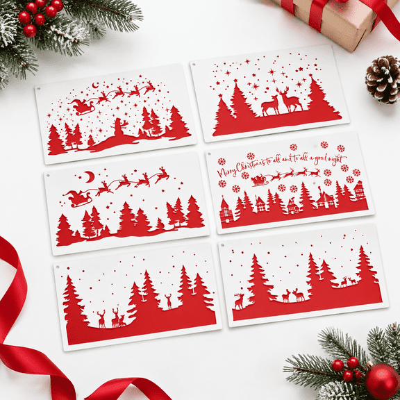 6 Extra Large Christmas Window Stencils, Assorted Holiday Patterns, PET Plastic