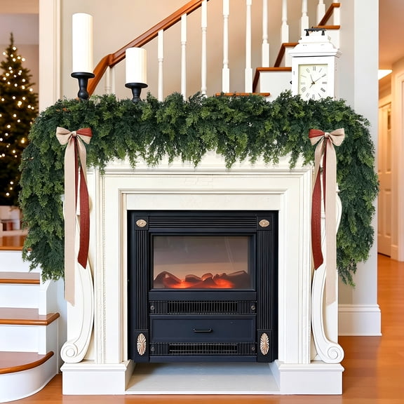 6 FT 2 Pcs Artificial Cedar Garlands, Real Touch Winter Cedar Garland, Lush Artificial Snow Cedar Greenery Swag for Table Mantle Wall Indoor Outdoor Christmas Holiday Home Decor(2, 6 FT)