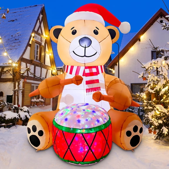 6 FT Animated Christmas Inflatable Bear Playing Drum With Built-In LED Lights for Christmas Holiday Party