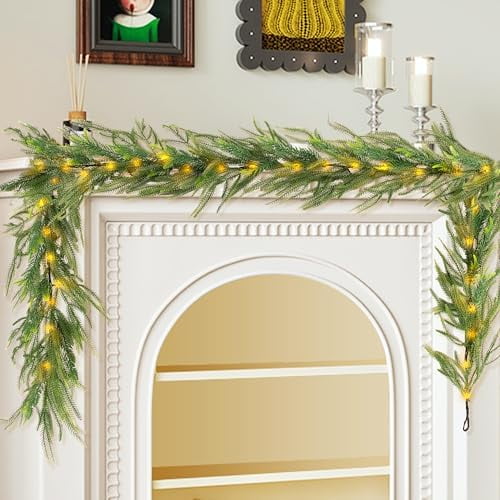 6 FT Artificial Christmas Norfolk Pine Garland, Real Touch Pine Garland with 20 LED Lights, Mixed with Noble Fir, Heavier and Larger, Timer, Perfect for Table Window Mantel Indoor Outdoor