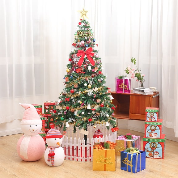 6 FT Artificial Christmas Tree with LED Lights, Thick Hybrid Hinge Tree with 195 Pendant Tree Skirts, Christmas Tree with Guardrails for Home/Indoor, Green