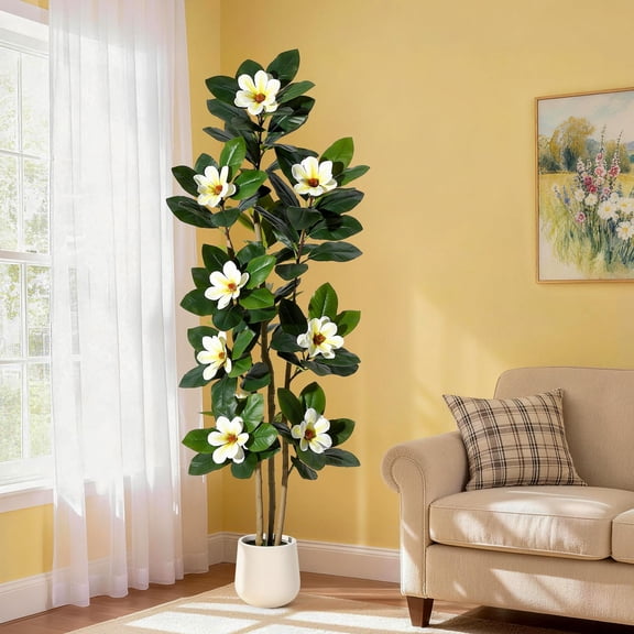 6 FT Artificial Magnolia Tree with Multi-Stem Design – Lifelike Silk Petals and Realistic Leaf Texture – Sturdy Branch Structure in Elegant Planter – Ideal for Living Room, Entryway or Office Decor